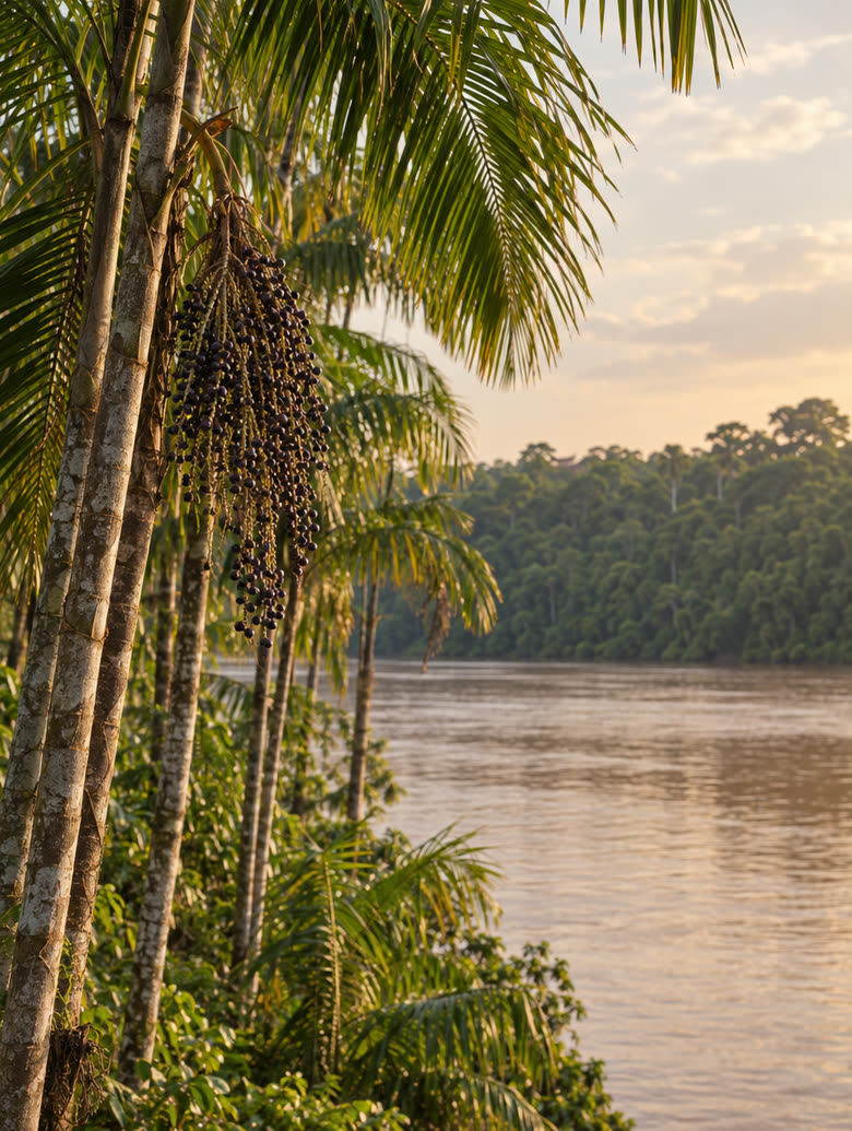 Palmeras de açaí con un racimo de bayas moradas a orillas del río Amazonas (imagen ilustrativa)