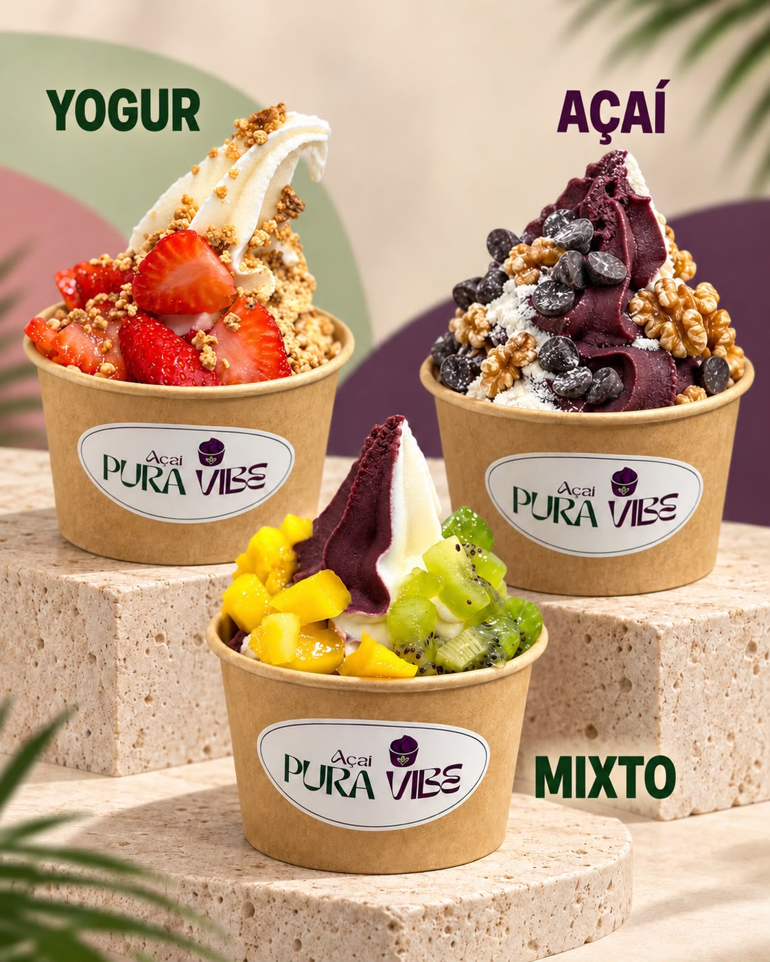 Las tres bases reales del local: yogur, açaí y la mezcla de los dos