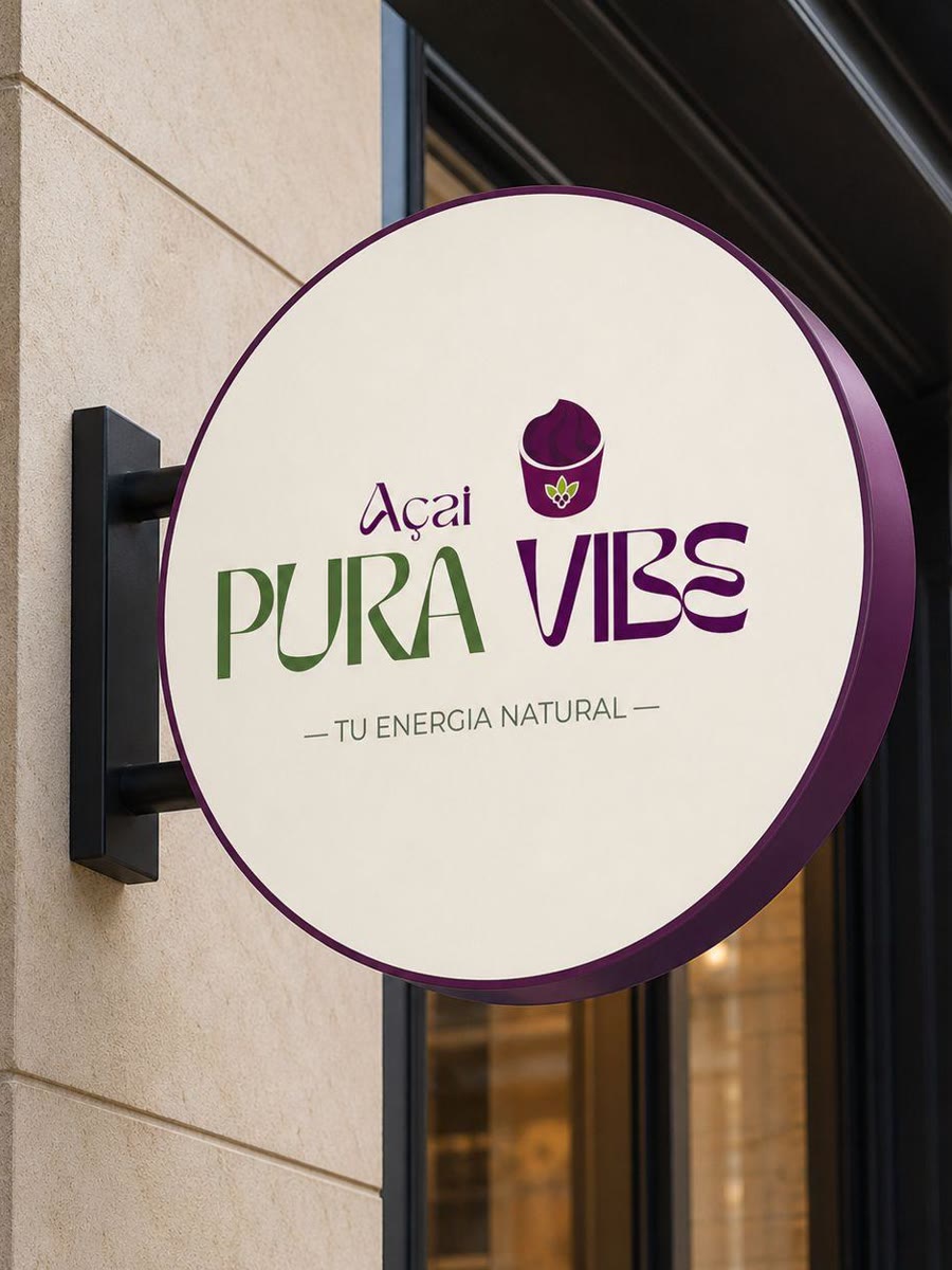 El rótulo circular de Açaí Pura Vibe colgado en la fachada